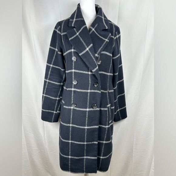 Elodie Jackets & Blazers - Elodie Trench Coat Womens Small Navy White Plaid Double Breasted Coat Jacket